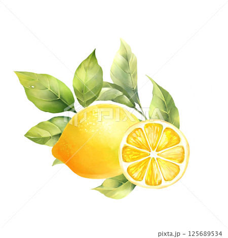 Hand-drawn illustration of a fresh lemon with green leaves and a juicy slice, perfect for summer themes and healthy food concepts. Hand-drawn illustration of a fresh lemon with green leaves and a juicy slice, perfect for summer themes and healthy food concepts. 125689534