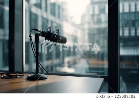 A professional podcast microphone is mounted on a stand atop a wooden desk. The desk is situated beside a large window in a modern office building, allowing natural light to fill the minimalist 125689582