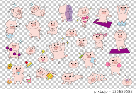 Illustration set of a pig girl trying hard on a diet Illustration set of a pig girl trying hard on a diet 125689588