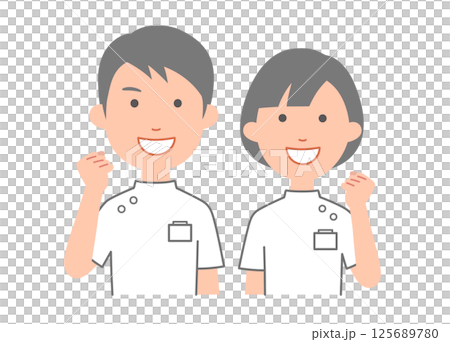 Doctors, nurses, and physical therapists' fist pumps, men and women, upper body 125689780