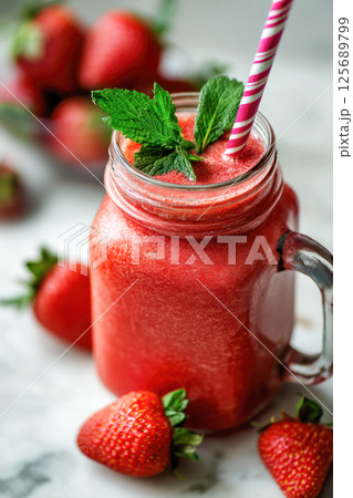 Refreshing strawberry smoothie in mason jar with mint leaves and pink striped straw on marble background. Refreshing strawberry smoothie in mason jar with mint leaves and pink striped straw on marble background. 125689799