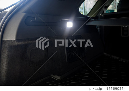 Large black empty car trunk. Open car trunk close up 125690354