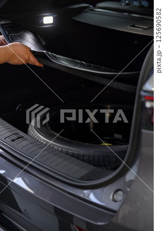 Large black empty car trunk. Open car trunk close up 125690582