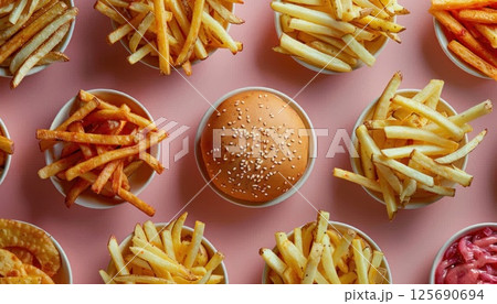 A mix of French fries and a hamburger on a pink backdrop, junk food delight A mix of French fries and a hamburger on a pink backdrop, junk food delight 125690694