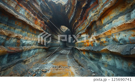 A natural landscape with a tunnel of rocks and a road cutting through it 125690741