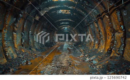 a dark tunnel with a lot of rocks and dirt in it 125690742