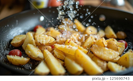 Ingredients potatoes and tomatoes frying in pan for dish 125690743