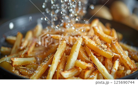 Salt sprinkled on French fries in a frying pan for deep frying 125690744