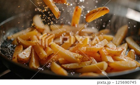 French fries cooking in a pan on a stove, a staple fried food 125690745