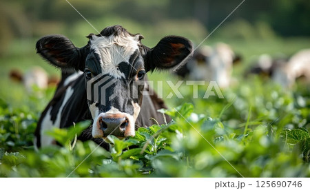 A dairy cow grazes on green grass in a natural landscape 125690746
