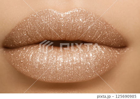 Close-up of glossy nude lips covered in golden glitter, showcasing luxurious and glamorous lip makeup. 125690985