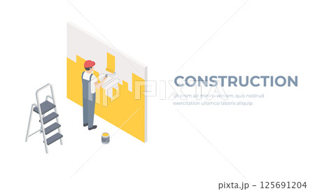 Vector home renovation isometric illustration. Professional worker with painting roller, tray, brush, ladder with bucket of paint and cloth. Painting walls, house construction concept. Isolated. Vector home renovation isometric illustration. Professional worker with painting roller, tray, brush, ladder with bucket of paint and cloth. Painting walls, house construction concept. Isolated. 125691204