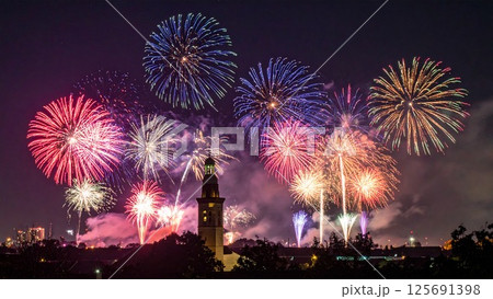 夏祭りの打ち上げ花火のイメージ 背景素材 チラシ・バナー・動画素材 AI生成素材 125691398