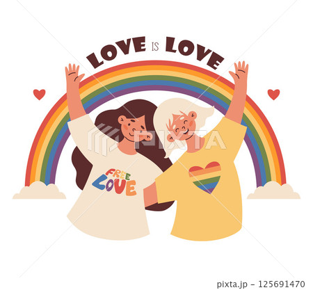 Happy LGBT Women Lesbians with big rainbow. Pride Month. LGBTQ Pride Parade. love is love. Vector Illustration. Colorful, joyful LGBT support image for Pride holiday, unity, diversity and equal love 125691470