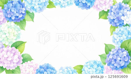 紫陽花のフレーム 水彩風 AI生成素材 背景素材 16:9サイズ 125691609