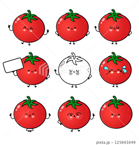 Nine adorable and cheerful cartoon Tomatoes with a variety of playful expressions, each unique and fun. Nine adorable and cheerful cartoon Tomatoes with a variety of playful expressions, each unique and fun. 125691649