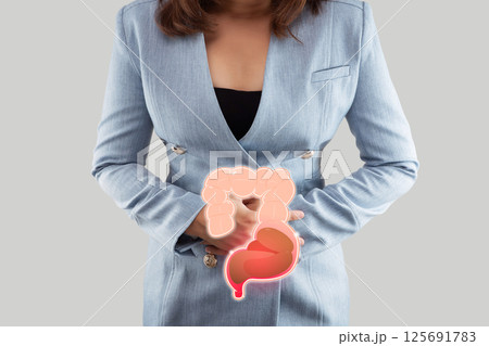 Woman large intestine highlighted suggesting potential constipation issues. Woman large intestine highlighted suggesting potential constipation issues. 125691783
