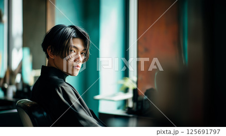 青緑の空間で魅せるスタイリッシュな黒髪男性 | 美容室ポートレート 青緑の空間で魅せるスタイリッシュな黒髪男性 | 美容室ポートレート 125691797