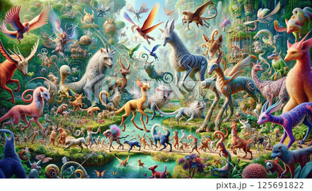 ファンタジーの森と不思議な生き物たちのイラスト 125691822