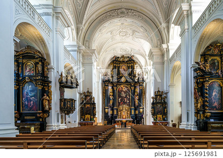 Passau, Germany - Apr 16, 2025: The interior of Parochial Church St Paul, the oldest parish church of Passau, Germany Passau, Germany - Apr 16, 2025: The interior of Parochial Church St Paul, the oldest parish church of Passau, Germany 125691981