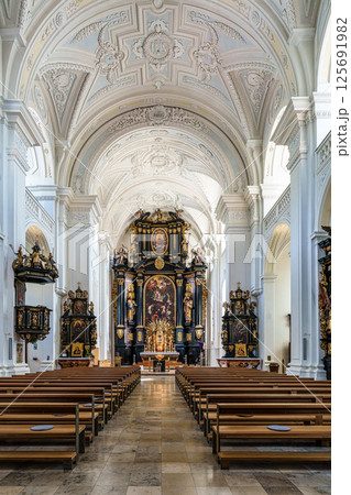 Passau, Germany - Apr 16, 2025: The interior of Parochial Church St Paul, the oldest parish church of Passau, Germany Passau, Germany - Apr 16, 2025: The interior of Parochial Church St Paul, the oldest parish church of Passau, Germany 125691982