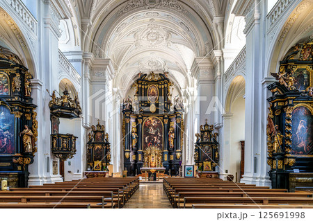 Passau, Germany - Apr 16, 2025: The interior of Parochial Church St Paul, the oldest parish church of Passau, Germany Passau, Germany - Apr 16, 2025: The interior of Parochial Church St Paul, the oldest parish church of Passau, Germany 125691998