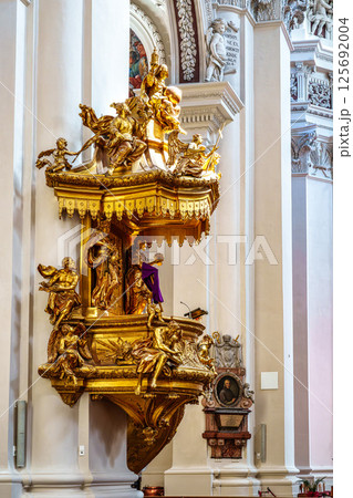 Passau, Germany - Apr 16, 2025: Interior of St. Stephans cathedral in Passau, Germany with famous organ pipes Passau, Germany - Apr 16, 2025: Interior of St. Stephans cathedral in Passau, Germany with famous organ pipes 125692004
