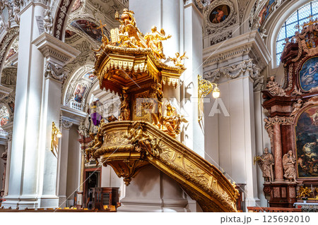 Passau, Germany - Apr 16, 2025: Interior of St. Stephans cathedral in Passau, Germany with famous organ pipes Passau, Germany - Apr 16, 2025: Interior of St. Stephans cathedral in Passau, Germany with famous organ pipes 125692010