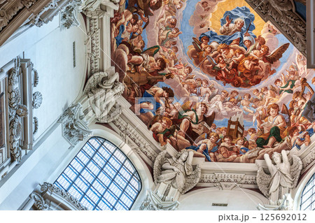 Passau, Germany - Apr 16, 2025: Interior of St. Stephans cathedral in Passau, Germany with famous organ pipes 125692012