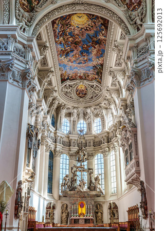 Passau, Germany - Apr 16, 2025: Interior of St. Stephans cathedral in Passau, Germany with famous organ pipes Passau, Germany - Apr 16, 2025: Interior of St. Stephans cathedral in Passau, Germany with famous organ pipes 125692013