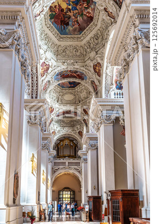 Passau, Germany - Apr 16, 2025: Interior of St. Stephans cathedral in Passau, Germany with famous organ pipes 125692014