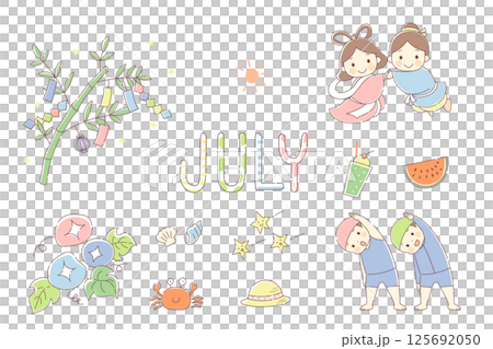 シンプルかわいい7月のイラストセット 125692050