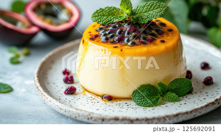 Panna cotta with passion fruit and mint on plate 125692091