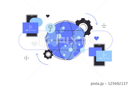 Internet and media content. Data exchange. Globe, communication and connection concept Internet and media content. Data exchange. Globe, communication and connection concept 125692137