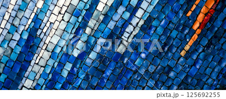 Abstract horizontal background made of small blue and white tiles arranged in geometric lines. Banner mosaic texture with futuristic clean layout and copy space Abstract horizontal background made of small blue and white tiles arranged in geometric lines. Banner mosaic texture with futuristic clean layout and copy space 125692255
