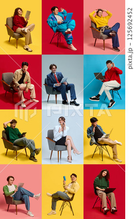 Colorful Home Office Setups. People working with gadgets in chairs expressing digital lifestyle home office, creativity and productivity 125692452