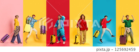 Colorful Travel Fashion. Group of friends posing in playful travel outfits holding luggage on vibrant backgrounds expressing wanderlust excitement style and joy. Colorful Travel Fashion. Group of friends posing in playful travel outfits holding luggage on vibrant backgrounds expressing wanderlust excitement style and joy. 125692459