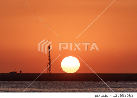 Majestic Sunrise: Coastal Pier, Sunburst, and Silhouetted Birds 125692562