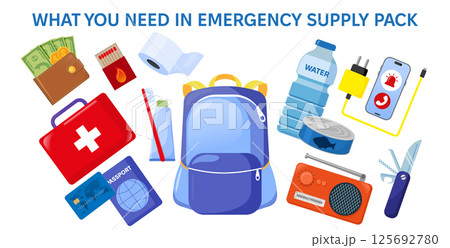 Emergency disaster evacuation supply pack. Set of objects food, medicines, hygiene stuff, and identity documents. Survival kit objects. Flat vector illustration. Tourist, traveller, refugee concept. 125692780