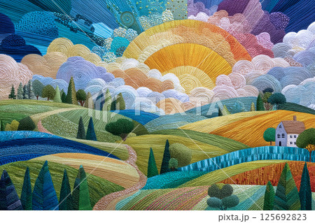 刺繍絵：のどかな田園風景 125692823