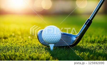 ゴルフのイメージ ゴルフボールとアイアン クラブ 青空 芝生 おしゃれ 背景素材　AI生成素材 125692890