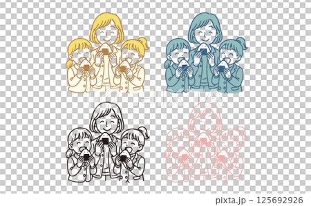 Illustration of a family eating rice balls 125692926
