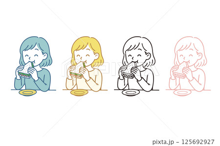 サンドウィッチを食べる女性のイラスト サンドウィッチを食べる女性のイラスト 125692927
