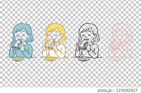 サンドウィッチを食べる女性のイラスト サンドウィッチを食べる女性のイラスト 125692927