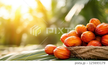 Vibrant Tropical Oil Palm Fruit Clusters Closeup in Lush Green Foliage 125693179