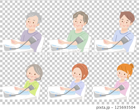 Illustration set of family measuring blood pressure Illustration set of family measuring blood pressure 125693504