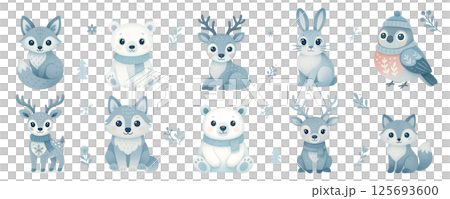 Cute winter woodland animals illustration set with fox, bear, deer, rabbit, bird, scarf details Cute winter woodland animals illustration set with fox, bear, deer, rabbit, bird, scarf details 125693600