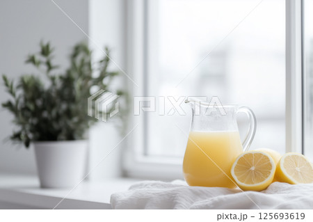 Fresh lemonade in glass jug with lemon halves on white windowsill Fresh lemonade in glass jug with lemon halves on white windowsill 125693619