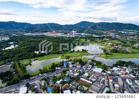 Aerial view of Kathu district Phuket Thailand from Drone camera High angle view Aerial view of Kathu district Phuket Thailand from Drone camera High angle view 125693862