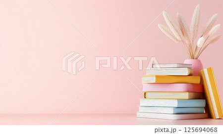 Pastel colored book stack on desk with copy space 125694068